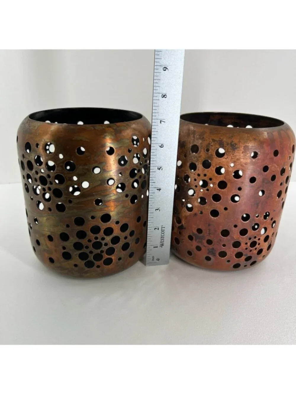 Set of 2 Pierced Copper Metal Candle Holders Votive Lanterns Rustic Decor